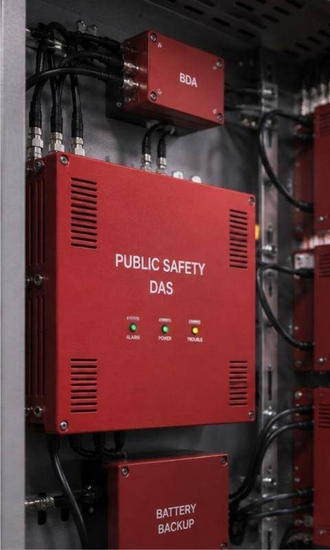 Public Safety DAS head-end with BDA and battery backup